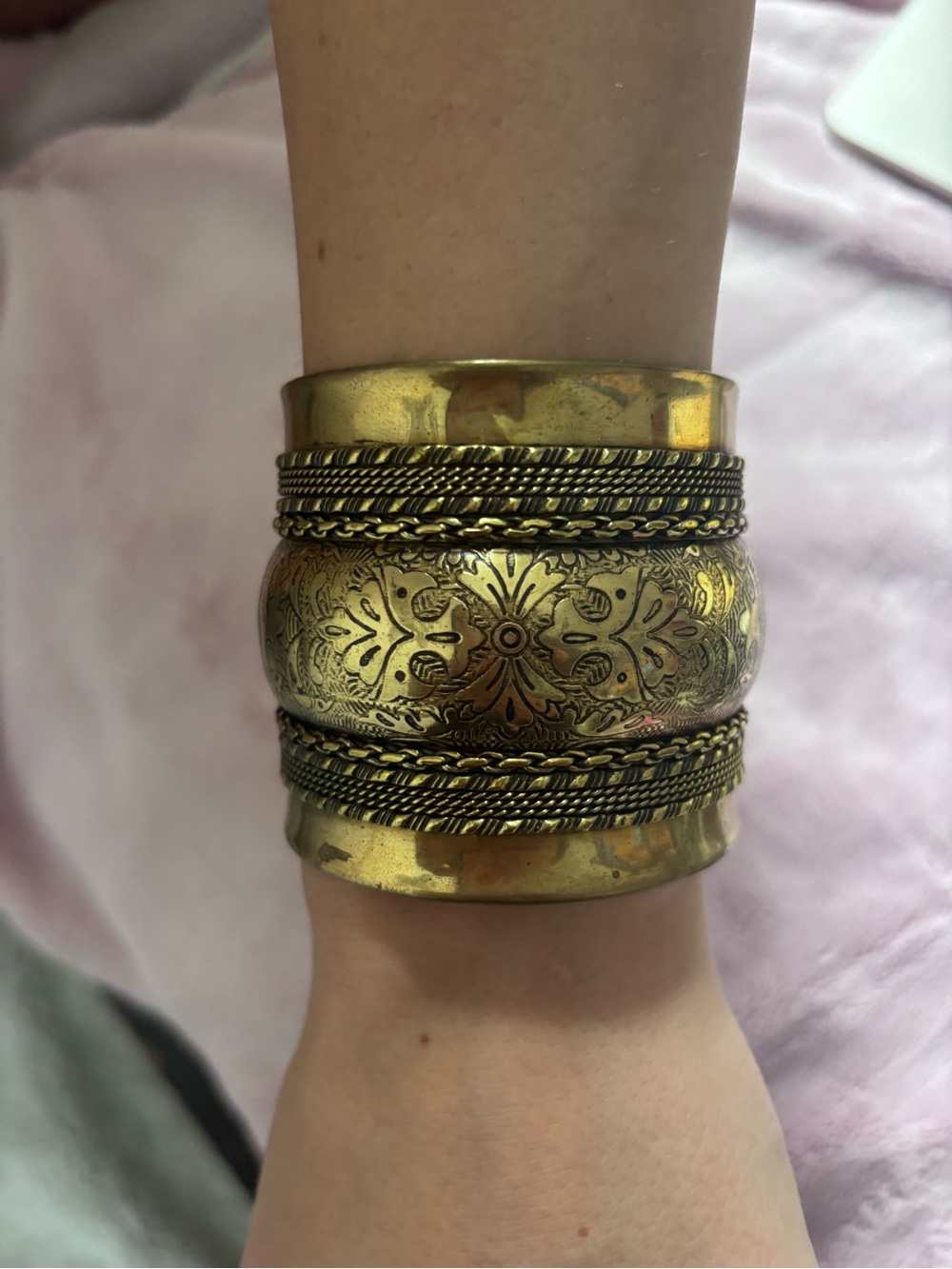 Antique-Style Engraved Gold Brass Cuff Bracelet